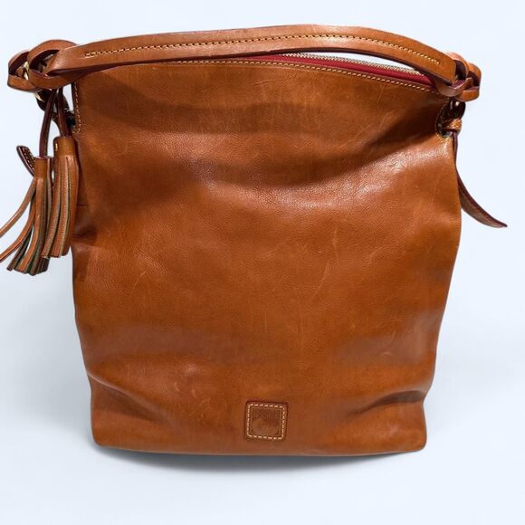 Dooney & Bourke Leather Tassel Hobo – Caramel – Green Suede Trim – Red Interior
